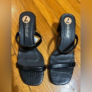 Olivia Miller Out On The Town/Party Block Sandals Black Faux Croc Embossed 7